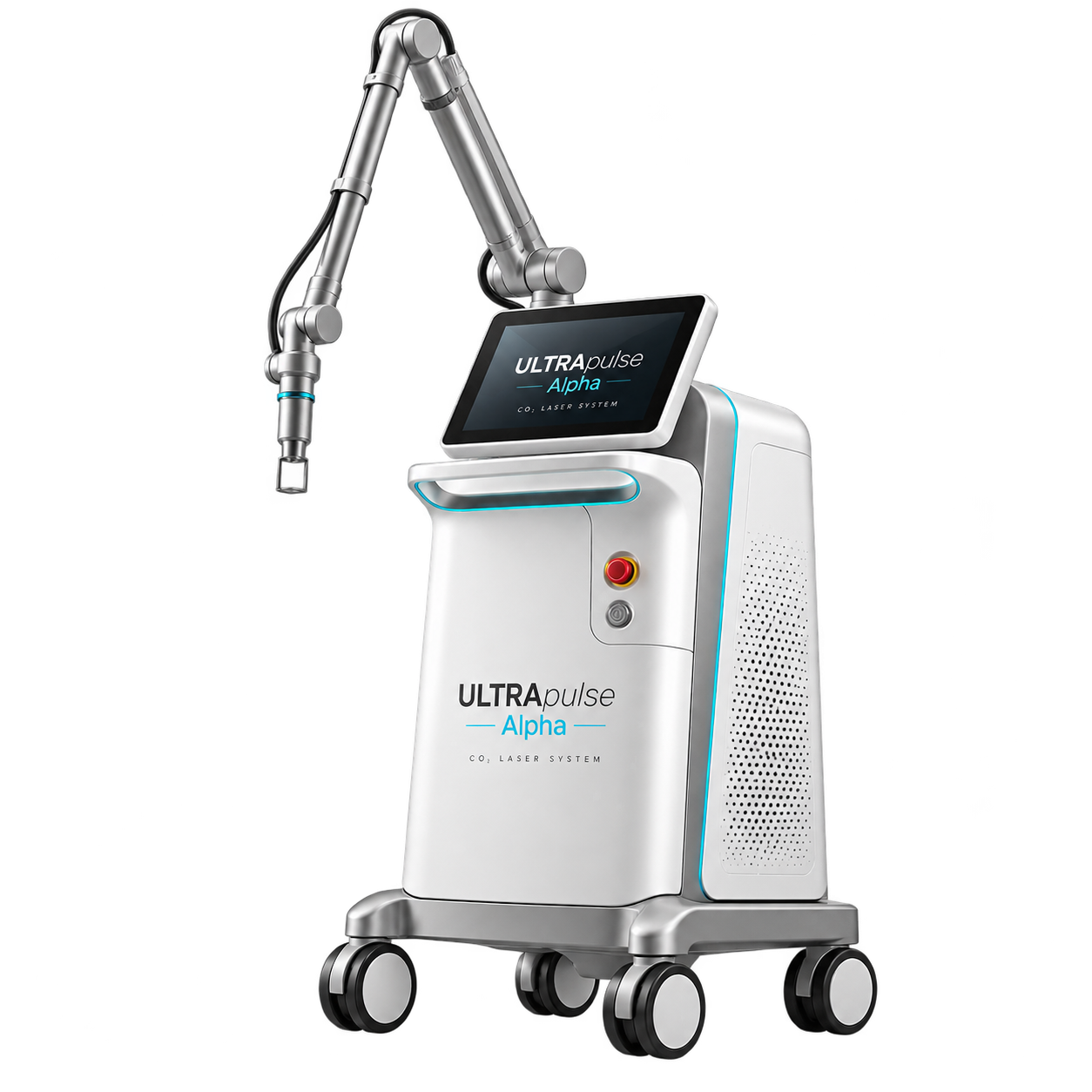 LTRApulse Alpha CO₂ laser system with articulated treatment arm and touchscreen display.